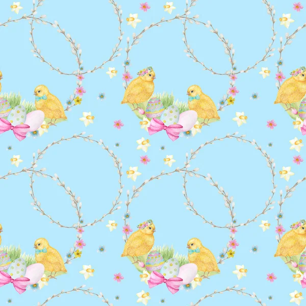 Bezešvé velikonoční vzor Akvarel ručně kreslené žluté kuře, Jarní květiny, vrba, luk, vejce. Barevný pták, kuřata na modrém pozadí. Design pro pozvání, plakát, pohlednice, látka, textura. — Stock fotografie