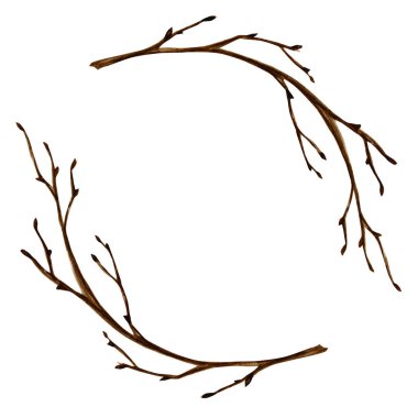 Suluboya Ağaç Çelengi Baharı. El çizimi çerçeve, illüstrasyon. Cadılar Bayramı sınırı. Davetiyeler, tebrik kartı, poster, baskı veya etiket için izole tasarım ögesi.