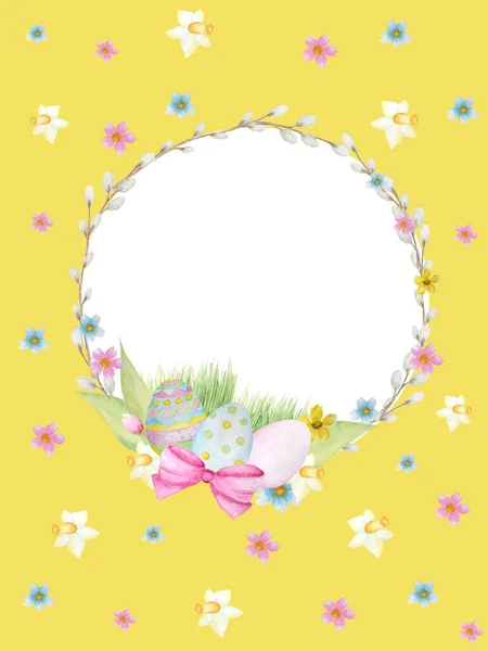 Watercolor Easter wreath on yellow background. Greeting cards design, banners, invitations, poster concept. Hand painted Round frame with pussy willow branch, colored eggs, spring flowers, copy space — Stock Photo, Image