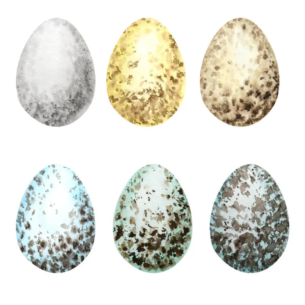 Acuarela dibujada a mano huevos de Pascua establecidos. Colorida colección de diferentes huevos de aves silvestres aislados sobre un fondo blanco. Ilustración Concepto de diseño. Pollos cáscara de huevo Símbolos de la celebración de Pascua — Foto de Stock