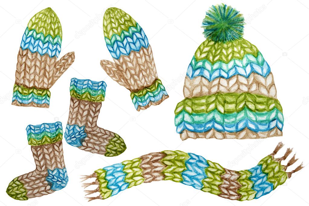 Watercolor painted knitted winter woolen clothes set. mitten, scarf, cap with pompon. Knitting hat, in blue green brown color. Warm trendy accessory collection isolated on white background. Hand drawn