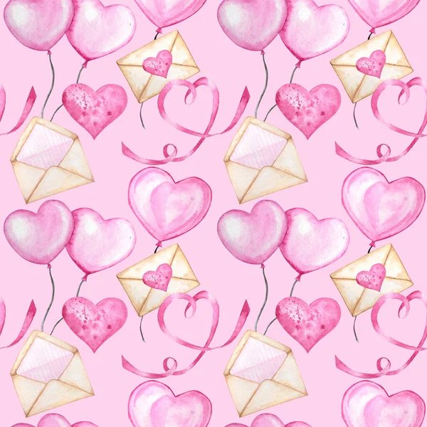 Naadloos patroon Aquarellint hart, liefdesbrief Wenskaart concept. Bruiloft of Valentijnsdag banner, poster ontwerp Met de hand getekend rood roze harten op roze achtergrond. textuur voor scrapbooking — Stockfoto