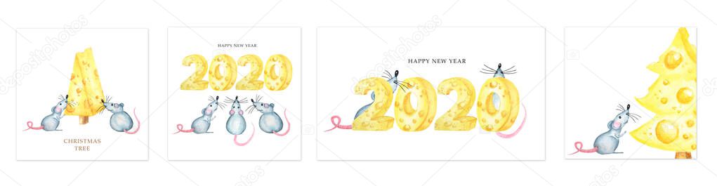 Christmas cheese tree with rat. New year greeting card set, poster concept 2020. Watercolor drawing piece of triangular yellow cheese. Mouse favorite food. Illustration on white background