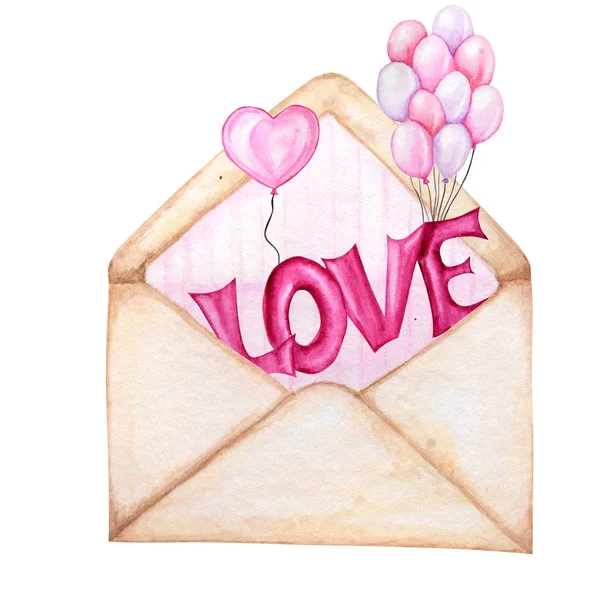 Sobre postal para San Valentín con Hearts Flying Away. concepto de tarjeta de felicitación. Raya rosa en el interior, hermoso estilo retro romántico. Acuarela dibujada a mano aislada sobre fondo blanco ilustración . —  Fotos de Stock