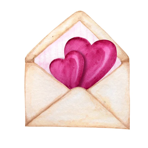 Sobre postal para San Valentín con Hearts Flying Away. concepto de tarjeta de felicitación. Raya rosa en el interior, hermoso estilo retro romántico. Acuarela dibujada a mano aislada sobre fondo blanco ilustración . —  Fotos de Stock