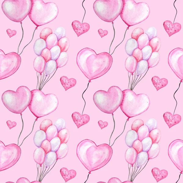 Nahtlose Muster Aquarell Herz Ballon, Liebe Grußkarte Konzept. Ballons Textur für Scrapbooking. Hochzeit, Valentinstag Banner, Plakatgestaltung. handgezeichnete rot-rosa Herzen auf rosa Hintergrund — Stockfoto