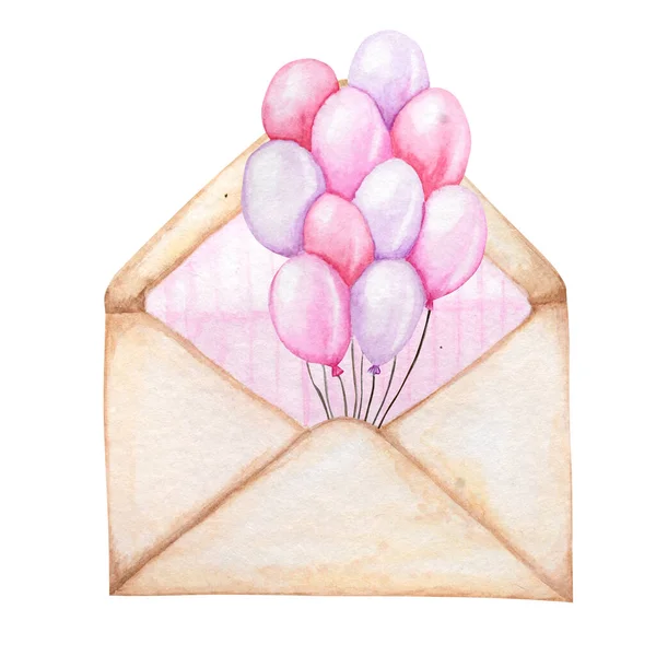 Briefumschlag zum Valentinstag mit wehendem Herzen. Grußkarte Konzept. innen pinkfarbener Streifen, schöner romantischer Retro-Stil. handgezeichnetes Aquarell isoliert auf weißem Hintergrund. — Stockfoto