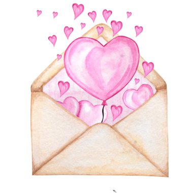 Sevgililer Günü 'nde üzerinde Hearts Flying Away yazan bir zarf. Tebrik kartı konsepti. İçinde pembe çizgiler, güzel romantik bir retro tarzı var. Beyaz arkaplan illüstrasyonunda el çizimi suluboya.