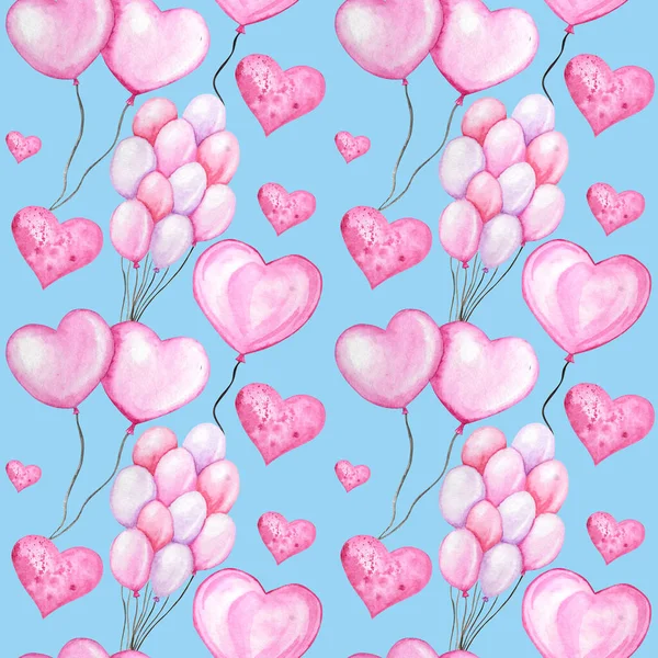 Nahtlose Muster Aquarell Herz Ballon, Liebe Grußkarte Konzept. Ballons Textur für Scrapbooking. Hochzeit, Valentinstag Banner, Plakatgestaltung. handgezeichnete rot-rosa Herzen auf blauem Hintergrund — Stockfoto