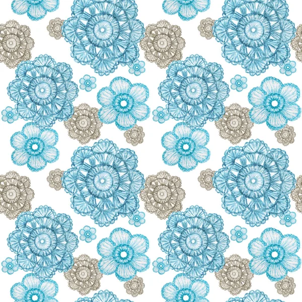 Υδατογραφία Απρόσκοπτη μοτίβο Hobby Βελονάκι λουλούδι σε λευκό φόντο. Συλλογή από ζωγραφισμένα στο χέρι γαλάζια, γκρίζα χρωματιστά στοιχεία από Crocheting και πλέξιμο — Φωτογραφία Αρχείου