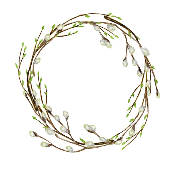 Watercolor tree branch with green leaves, pussy willow. Spring Easter wreath Hand drawn Frame illustration. Border. Isolated design element for invitations, greeting card, poster, print label concept. — Stock Photo, Image