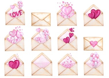 Sevgililer Günü 'nde üzerinde Hearts Flying Away yazan bir zarf. Tebrik kartı konsepti. İçinde pembe çizgiler, güzel romantik bir retro tarzı var. Beyaz arkaplan illüstrasyonunda el çizimi suluboya.