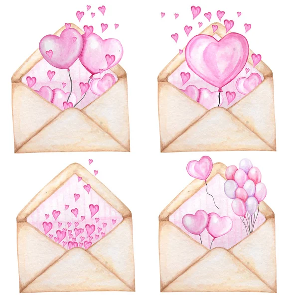 ハートが飛んでバレンタインデーの郵便封筒。グリーティングカードのコンセプト。ピンクのストライプ、美しいロマンチックなレトロなスタイルの中。白地に描かれた手描き水彩画. — ストック写真