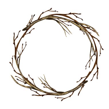 Suluboya ağaç dalı. Bahar Paskalya Çelengi El, Frame Illustrasyonunu çizdi. Sınır. Davetiyeler için izole tasarım ögesi, tebrik kartı, poster, yazdırma etiketi kavramı.