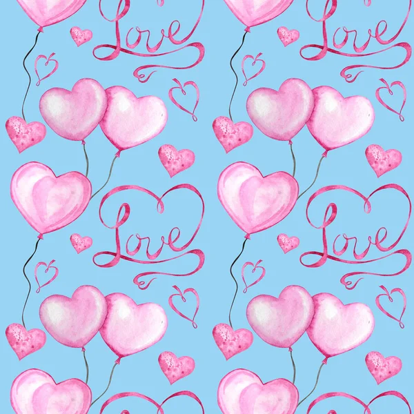 Sömlös mönster Akvarell band hjärta, kärleksbrev gratulationskort koncept. Bröllop eller Alla hjärtans dag banner, affisch design Hand dras röda rosa hjärtan på blå bakgrund. struktur för scrapbooking — Stockfoto
