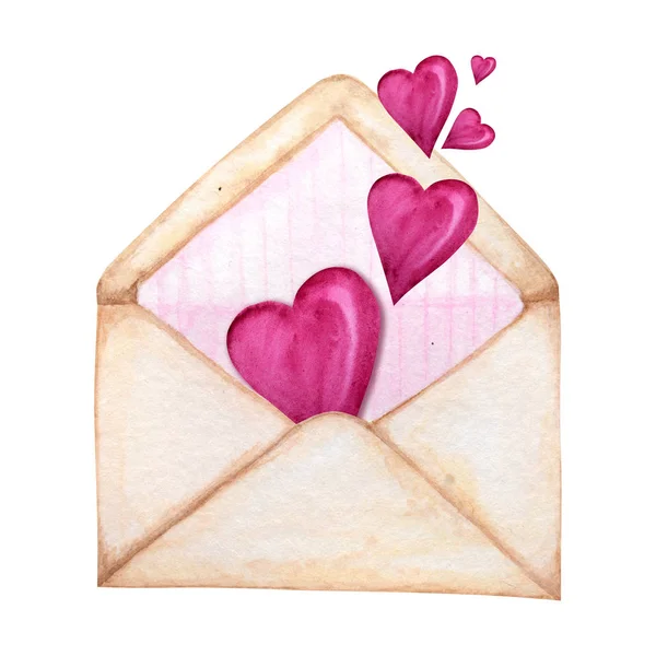 Briefumschlag zum Valentinstag mit wehendem Herzen. Grußkarte Konzept. innen pinkfarbener Streifen, schöner romantischer Retro-Stil. handgezeichnetes Aquarell isoliert auf weißem Hintergrund. — Stockfoto