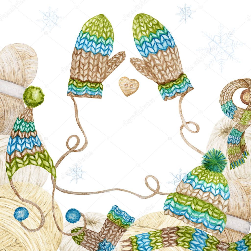 Knitting Shop Logotype Frame, Branding, Avatar composition of yarns, woolen clothes, mitten, scarf, cap with pompon, button. Watercolor border Illustration for handmade knit crafts, hobby Logo.