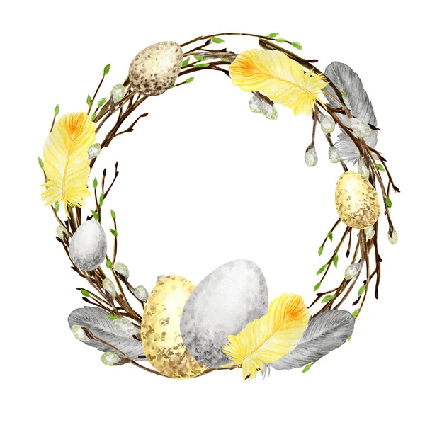 Corona de Pascua de primavera de acuarela. Rama de árbol dibujada a mano con plumas, huevos, hojas, sauce Ilustración del marco. Diseño aislado para invitaciones, tarjeta de felicitación, póster, concepto de etiqueta impresa. Frontera . —  Fotos de Stock