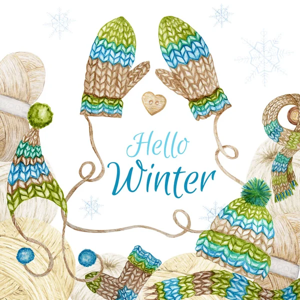 Hola Winter Knitting Shop Logotype Frame, Branding, Avatar composición de hilos, ropa de lana, bufanda, mitón, gorra con pompón, botón de corazón. Tarjeta de acuarela Ilustración para artesanías de punto hechas a mano — Foto de Stock