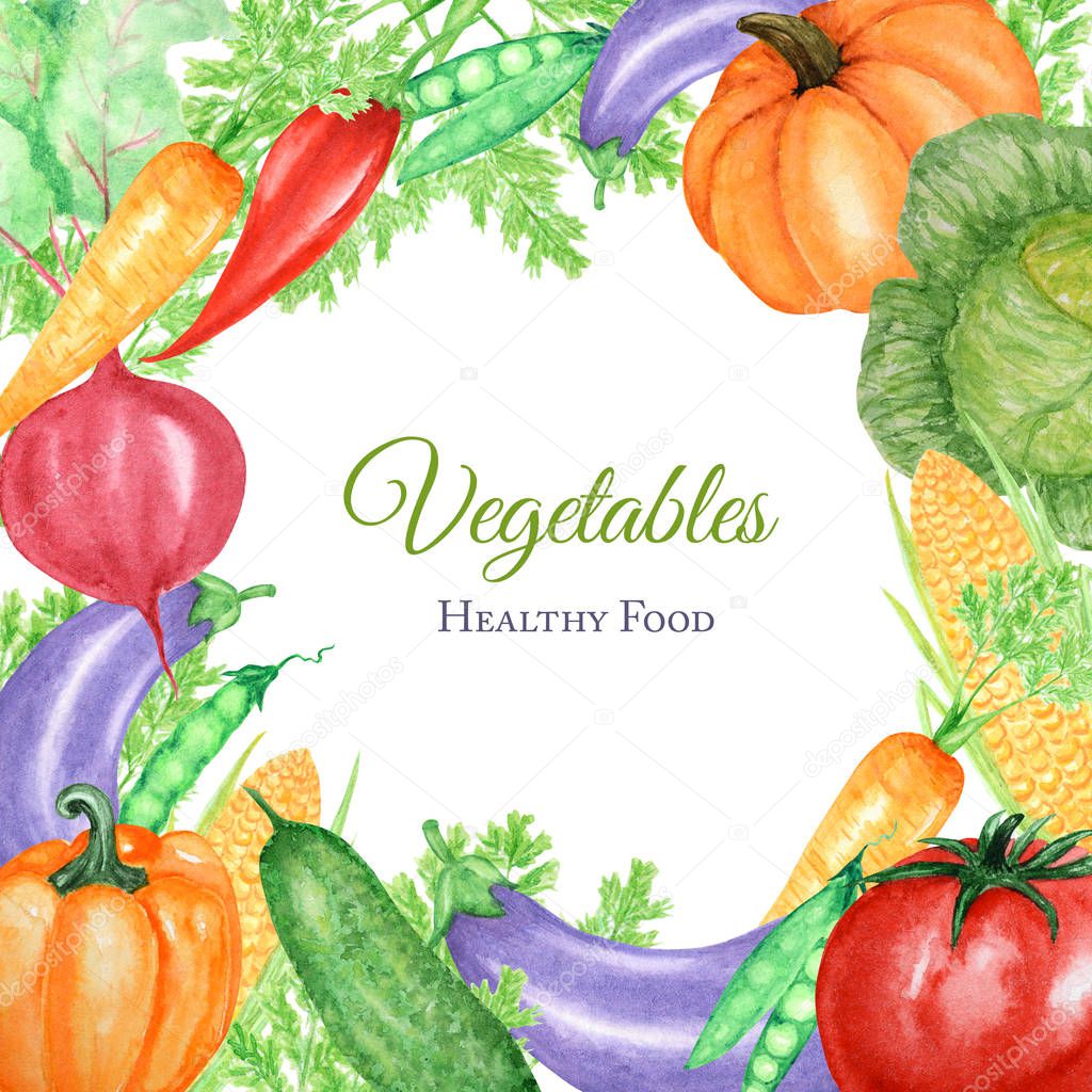 Watercolor painted frame of vegetables tomato, pepper, eggplant, beat, carrot, cabbage. Hand drawn fresh healty vegan food design on white background. Greeting card, poster, banner concept with text.