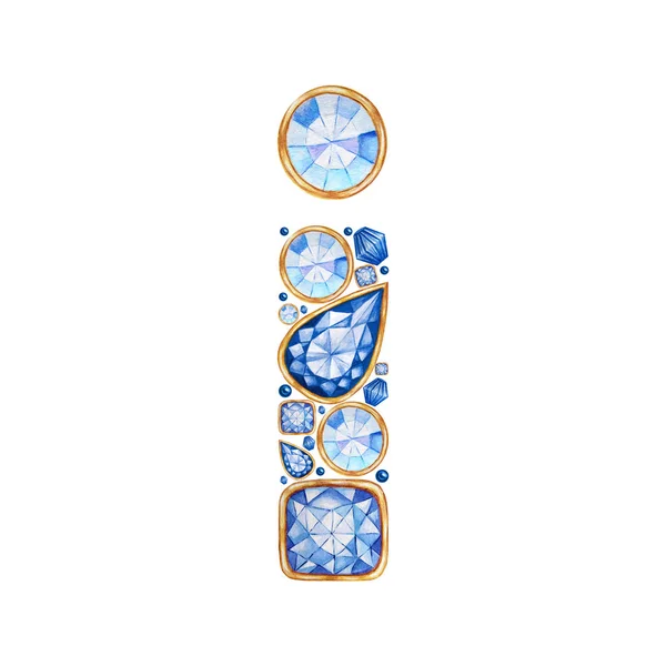 Blue Crystal Letter. Alphabet avec diamants et brillant, concept de logo de bijouterie sur fond blanc. Illustration lumineuse aquarelle. Fonte Shiny glamour fashion gem. Dernier I — Photo