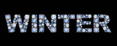 Mavi Kristal Kış tabiri yazılı. Tebrik kartı, afiş ve afiş için elle çizilmiş suluboya resimli. Elmaslar, parlak, siyah arka planda mücevher logosu..