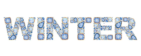 Μπλε Κρύσταλλο Χειμωνιάτικη επιγραφή. Χειροποίητη υδατογραφία Λαμπερή απεικόνιση για ευχετήρια κάρτα, αφίσες, πανό. Με διαμάντια, λαμπρή, έννοια λογότυπο κοσμήματα σε λευκό φόντο. — Φωτογραφία Αρχείου