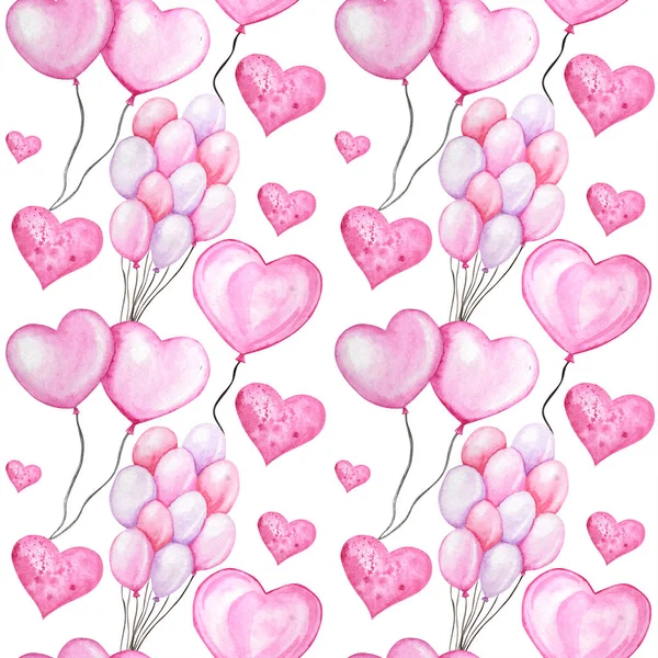 Seamless pattern Watercolor heart balloon, love Greeting card concept. Balloons texture for scrapbooking. Wedding, Valentines Day banner, poster design. Hand drawn red pink hearts on white background