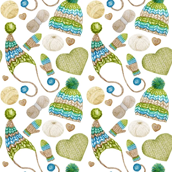 Υδατογραφία βαμμένο πλεκτό χειμώνα μάλλινα ρούχα Απρόσκοπτη μοτίβο. Mitten, καπάκι με pompon. Καπέλο πλεκτό, σε μπλε πράσινο καφέ χρώμα. Ζεστό μοντέρνο αξεσουάρ σε λευκό φόντο. Χειροποίητο — Φωτογραφία Αρχείου