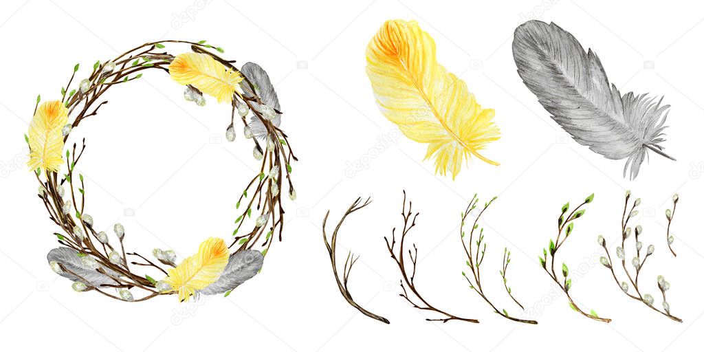 Watercolor Spring Easter wreath set. Hand drawn tree branch with feathers, leaves, willow Frame illustration. Isolated design for invitations, greeting card, poster, print label concept. Border.