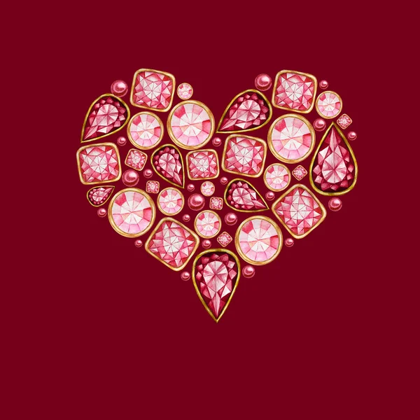 Akvarell Hjärta från röd rosa kristall med guldelement isolerad på röd bakgrund. Vackra ljusa smycken form. Bröllop kärlek eller alla hjärtans dag banner, affisch, kort koncept.Fashion lysande. — Stockfoto