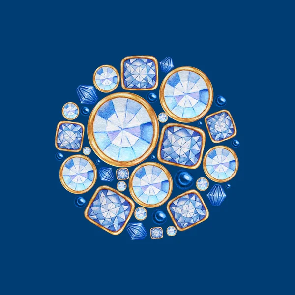 Watercolor Christmas ball from blue crystal with gold element on blue background. Beautiful bright jewelry shape. Fashion brilliant, rhinestones. Greeting card, poster design with copy space concept — 스톡 사진