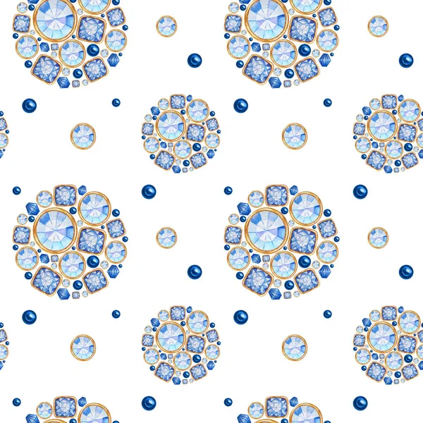 Nahtloses Muster Aquarell Weihnachtskugel aus dem Trend-Klassiker blauen Kristall mit Gold-Element auf weißem Hintergrund. schöne trendige Farben Schmuckform. Mode brillant, Strass. — Stockfoto