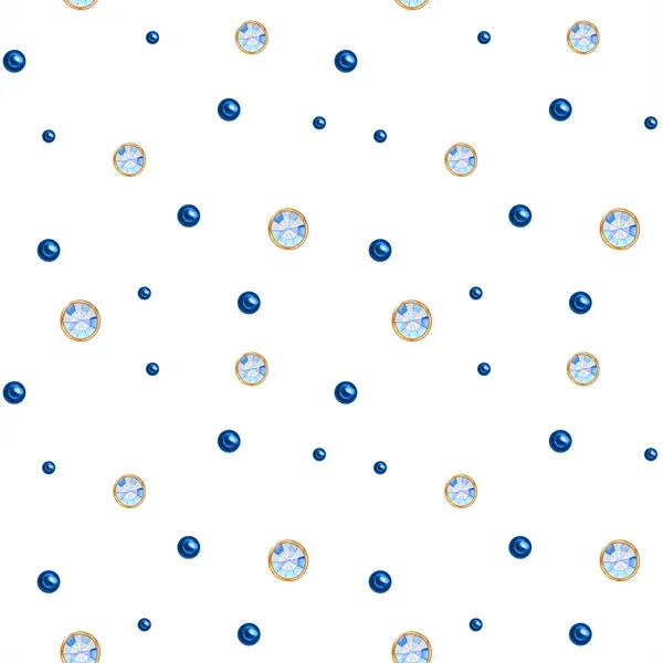 Tupfen nahtloses Muster Aquarell Weihnachtskugel aus klassischem blauem Kristall mit Goldelement auf weißem Hintergrund. schöne trendige Farben Schmuckform. Mode brillant, Strass. — Stockfoto