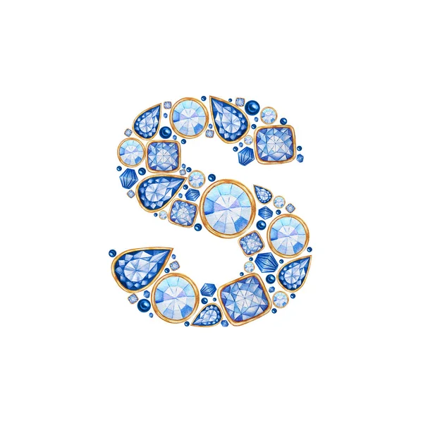 Klassiskt Blue Crystal-brev. Alfabetet med diamanter och lysande, smycken butik logotyp koncept på vit bakgrund. Akvarell ljus illustration. Glänsande glamour trandy mode pärla typsnitt. Sittplats S — Stockfoto