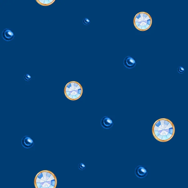 Tupfen nahtloses Muster Aquarell Weihnachtskugel aus klassischem blauem Kristall mit Goldelement auf blauem Hintergrund. schöne trendige Farben Schmuckform. Mode brillant, Strass. — Stockfoto