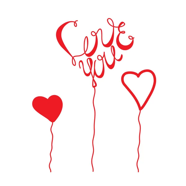 Love You lettrage rouge Calligraphie Saint-Valentin phrase avec des ballons cardiaques forment isolé sur fond blanc. Texte de dessin à la main pour faire imprimer votre dessin par t-shirt, flyer, affiche, carte de vœux — Image vectorielle