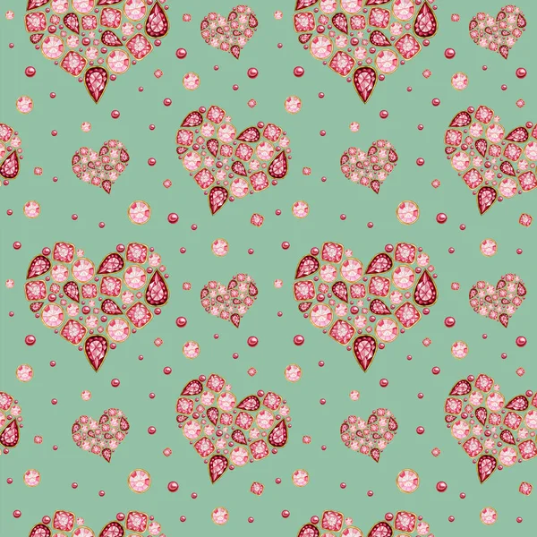 Seamless pattern Watercolor Heart from red pink crystal with gold element on green mint background. Wedding Love Valentines Day banner, poster card texture fabric. Fashion brilliant Beautiful jewelry — 스톡 사진