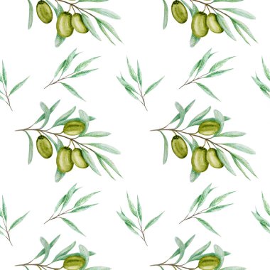 Kusursuz desenli suluboya yeşil zeytin dalı yaprakları, beyaz arka planda gerçekçi zeytin örnekleri, el boyalı kumaş dokusu. Davetiyeler için tasarım, poster, tebrik kartı, etiket konsepti
