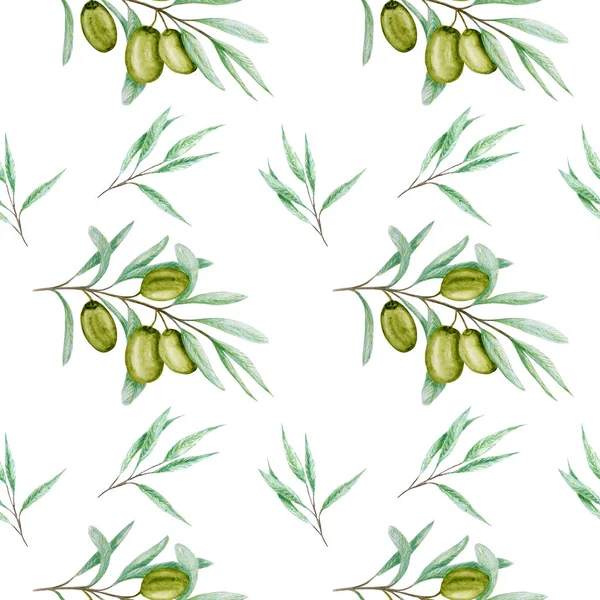 Seamless pattern Watercolor green olive tree branch leaves, Realistic olives illustration on white background, Hand painted fabric texture. Design for invitations, poster, greeting card, label concept