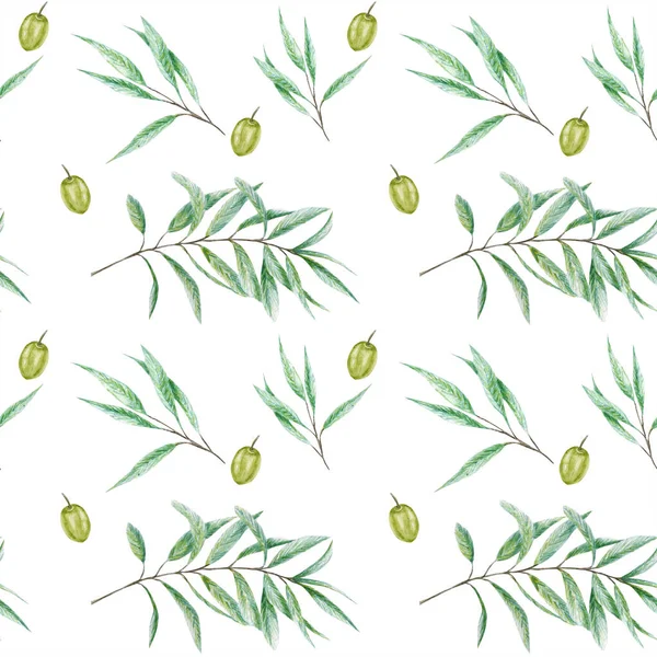 Απρόσκοπτη μοτίβο Αδιάβροχη πράσινη ελιά φύλλα κλαδιού, Ρεαλιστική απεικόνιση ελιών σε λευκό φόντο, Χειροποίητη υφασμάτινη υφή. Σχεδιασμός για προσκλήσεις, αφίσα, ευχετήρια κάρτα, ετικέτα έννοια — Φωτογραφία Αρχείου