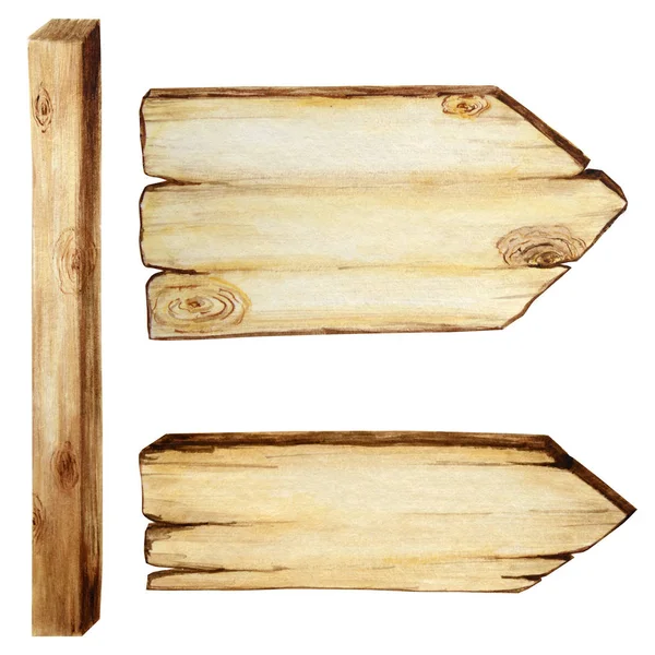 Papan nama Wooden berwarna air, kosong Terisolasi. Set tua antik, tangan retro dicat panji kayu, papan, papan. Ilustrasi dengan ruang untuk teks. Tanda untuk pesan dengan panah untuk pathfinding. — Stok Foto