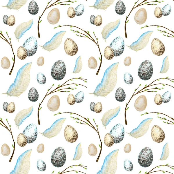 Patrón sin costuras Acuarela dibujada a mano huevos de Pascua, pájaro Pluma brillante, rama de sauce con hojas verdes. Textura de tela de ilustración Concepto de diseño sobre fondo blanco. Huevo de gallina — Foto de Stock