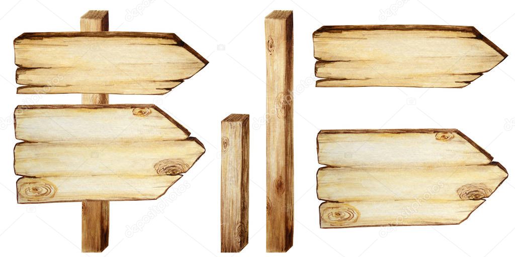 Watercolor Wooden signboards, empty Blank isolated. Set of vintage old, retro Hand painted wood banners, planks, board. Illustration with space for text. Signs for messages with arrow for pathfinding.