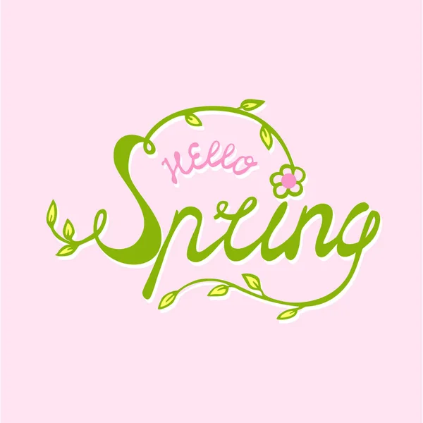 "Pink Green Hello Spring" вручну намальована векторна ілюстрація з логотипом ікони. Листя весняного сезону з листком і квіткою. Концепція вітальної листівки, запрошення, банер, шаблон плаката — стоковий вектор