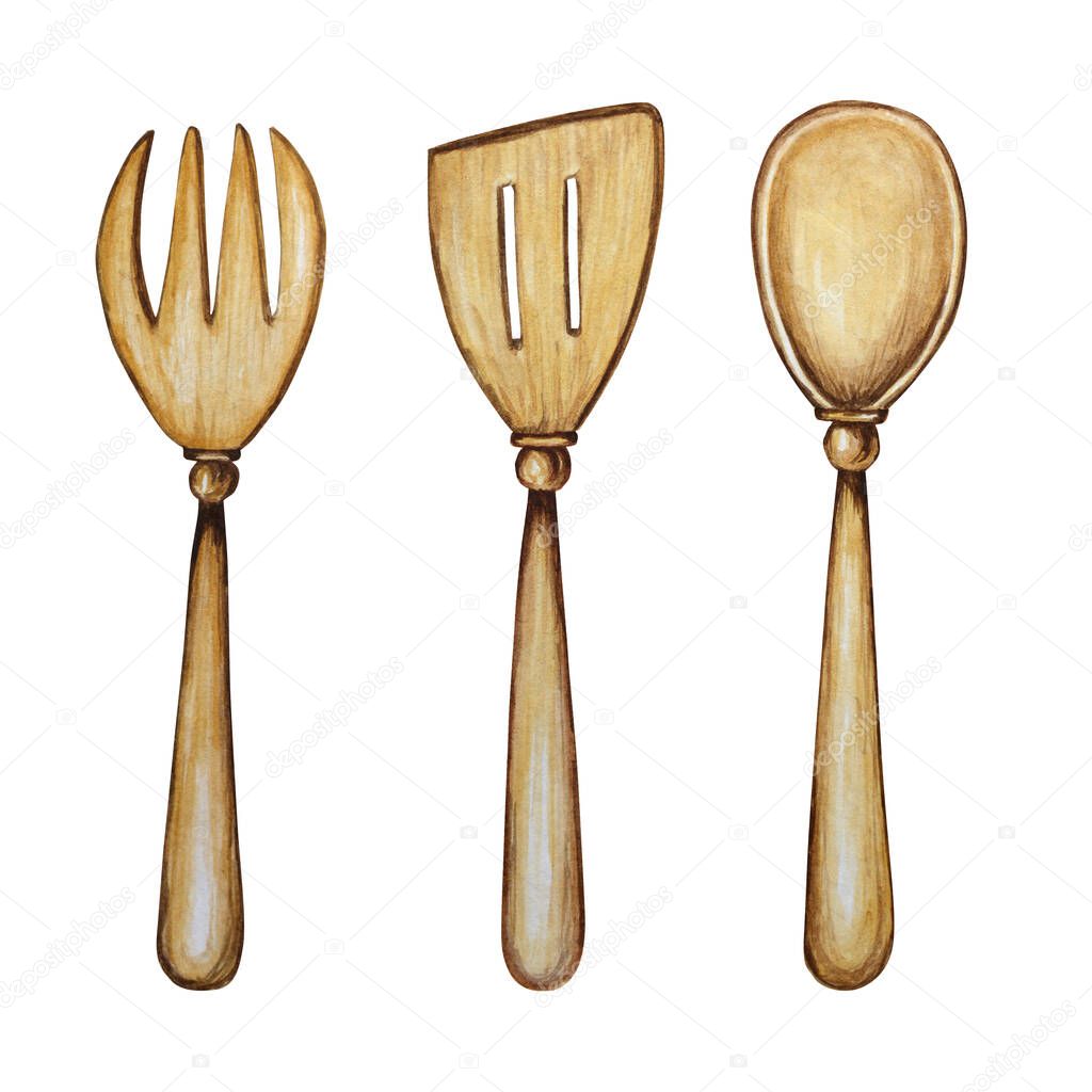 Hand drawn Wooden Kitchen accessories set for baking watercolor illustration, isolated on white background. Its cooking time. Baking tools. Spoon, spatula, fork