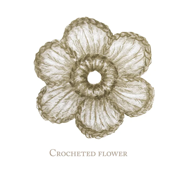 Close up Crochet gray beige flower hand made concept on white background. Watercolor Hand drawn hobby Knitting and Crocheting Wool flower. Greeting card, poster concept — 스톡 사진