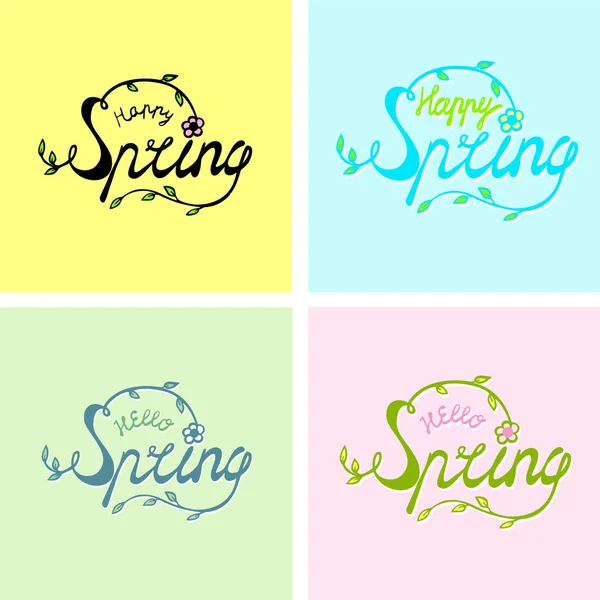 Olá Happy Spring frase definido mão desenhada vetor ilustração esboçado logotipo ícone. Lettering estação de primavera com folha verde e flor. Conceito para cartão de saudação, convite, banner, cartaz — Vetor de Stock
