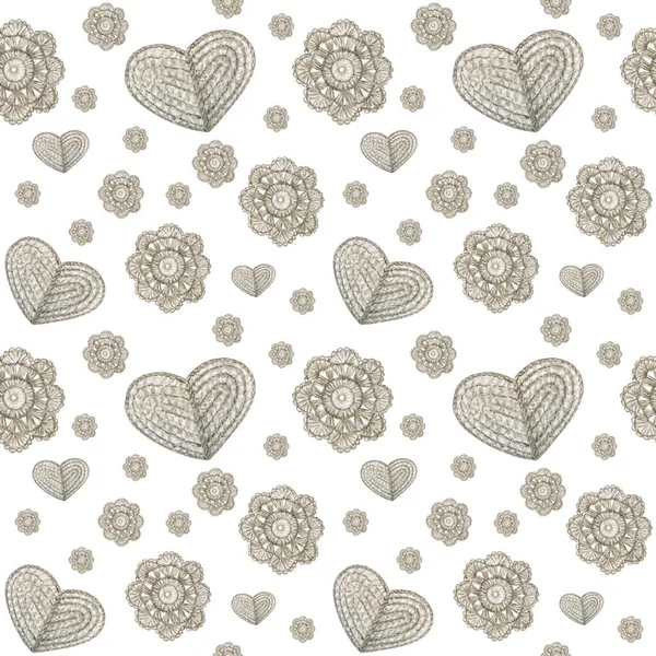 Watercolor Seamless pattern Hobby Crochet flowers and heart on white background. Collection of hand drawn light blue, gray colors elements of Crocheting and knitting