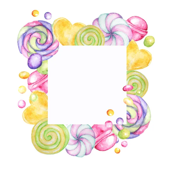 Φωτεινά χρώματα καραμέλα πλαίσιο γλυκά. Lollipops σύνορα σε λευκό φόντο. Υδατογραφία χέρι ζωγραφισμένα καραμέλες εικονογράφηση για το μενού, κάρτες, αφίσα, baner, προσκλήσεις σχεδιασμό έννοια με χώρο αντίγραφο για κείμενο — Φωτογραφία Αρχείου